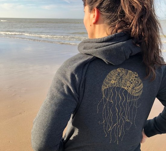 Handprinted hoodie from Belgian designer AnnaBella, design Jellyfish